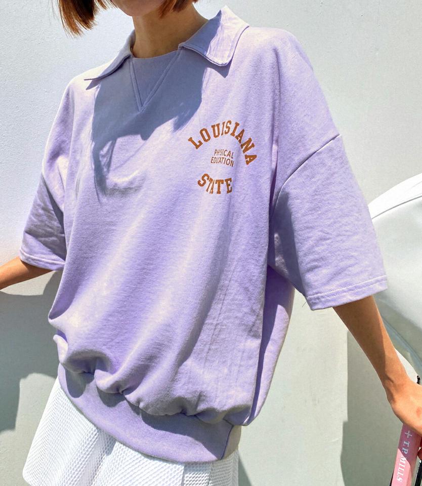 カラーネックレタリングTシャツ・全2色・b02293 レディース 【tops】トップス Tシャツ 半袖　ハーフスリーブ オーバー ゆったり ロゴ レタリング ポロ襟 襟コン カジュアル ラフ ドロップショルダー 春 夏 韓国ファッション GOLFWEAR ゴルフウェア