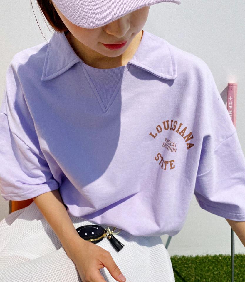 カラーネックレタリングTシャツ・全2色・b02293 レディース 【tops】トップス Tシャツ 半袖　ハーフスリーブ オーバー ゆったり ロゴ レタリング ポロ襟 襟コン カジュアル ラフ ドロップショルダー 春 夏 韓国ファッション GOLFWEAR ゴルフウェア