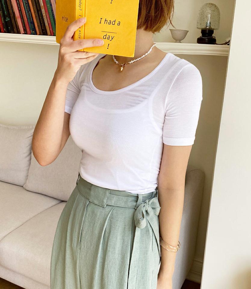 UネックタイトTシャツ・全4色・t67419 レディース 【tops】トップス Tシャツ 半袖 タイト Uネック 単色 無地 シンプル ベーシック カジュアル ラフ デコルテ 鎖骨 クロップド丈 春 夏 韓国ファッション