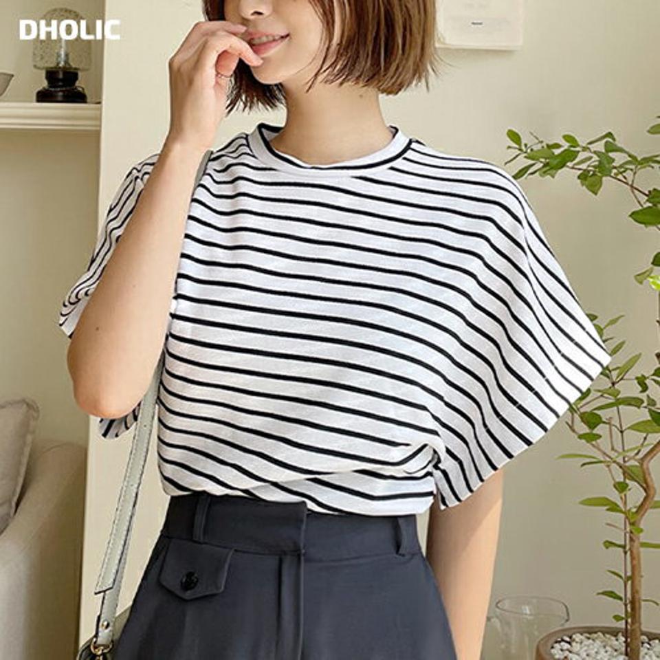 ボーダールーズTシャツ・全3色・b67420 レディース 【tops】トップス Tシャツ 半袖 ボーダー柄 ボーダーT カジュアル ルーズ ラフ ゆったり ドルマンスリーブ 二の腕カバー ラウンドネック ワイド袖 春 夏 韓国ファッション