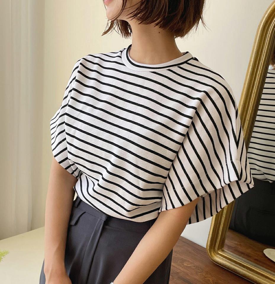 ボーダールーズTシャツ・全3色・b67420 レディース 【tops】トップス Tシャツ 半袖 ボーダー柄 ボーダーT カジュアル ルーズ ラフ ゆったり ドルマンスリーブ 二の腕カバー ラウンドネック ワイド袖 春 夏 韓国ファッション