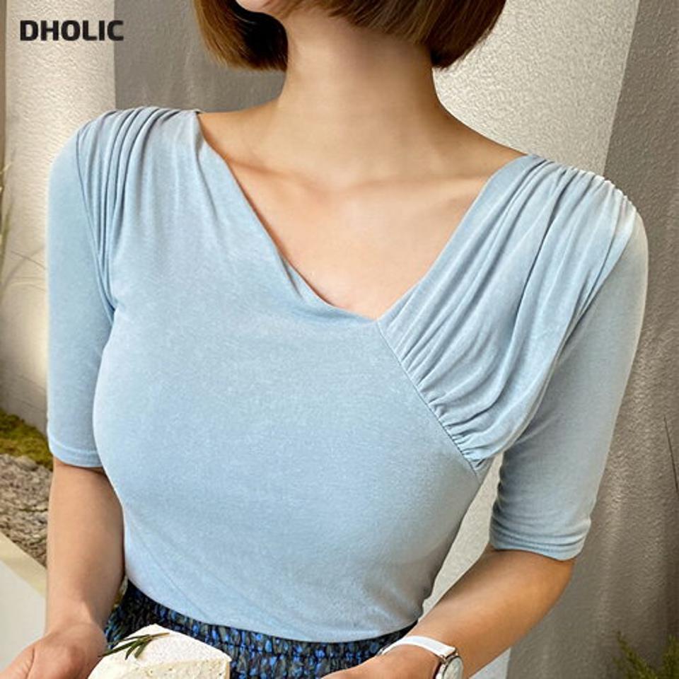 アンバランスVネックギャザーTシャツ・全4色・b67421 レディース 【tops】トップス Tシャツ 半袖 ギャザー 襟コン デコルテ 鎖骨 アンバランス 単色 大人 水色 パステル 春 夏 韓国ファッション