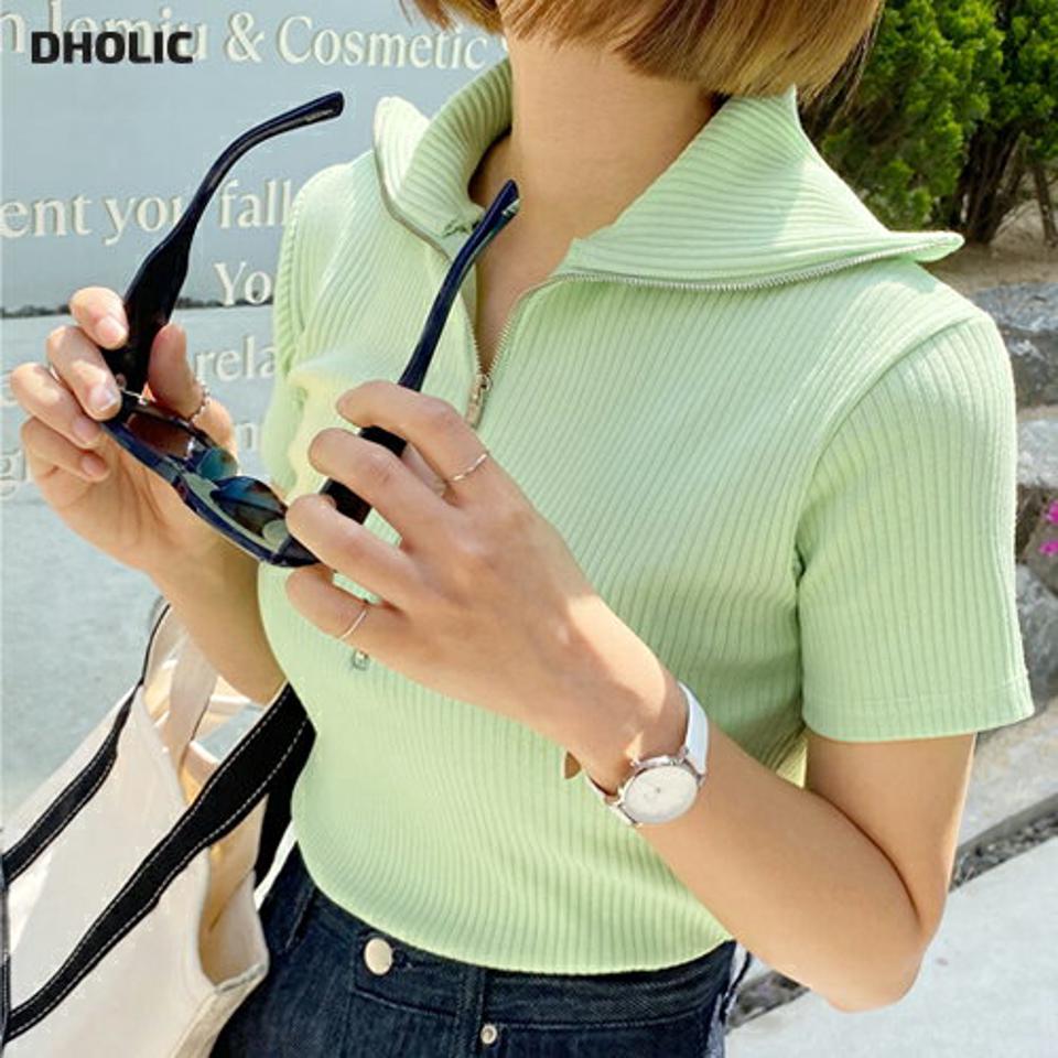【マラソン特価】リブハーフジップTシャツ・全4色・b67459 レディース 【tops】トップス Tシャツ 半袖 リブ ハーフジップ 襟コン 単色 無地 シンプル カジュアル タイト パステル ビビッドカラー y2k 黄緑 春 夏 韓国ファッション