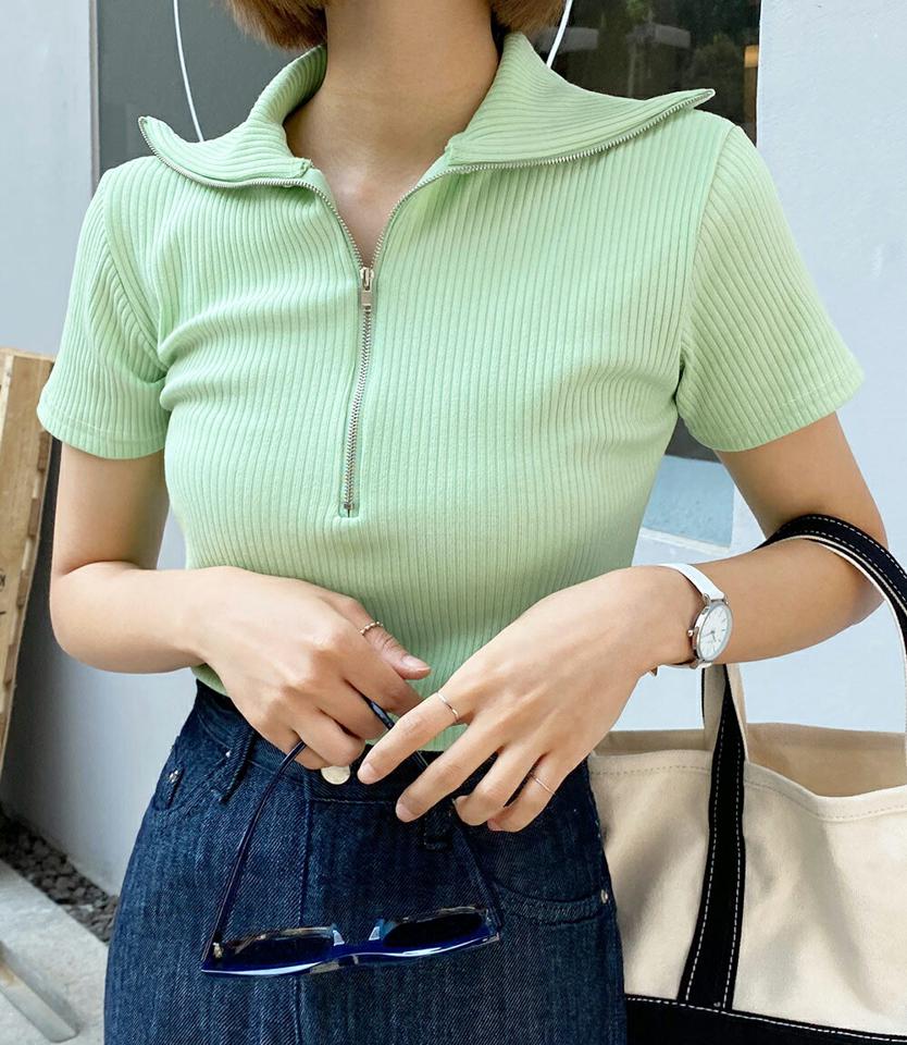 【マラソン特価】リブハーフジップTシャツ・全4色・b67459 レディース 【tops】トップス Tシャツ 半袖 リブ ハーフジップ 襟コン 単色 無地 シンプル カジュアル タイト パステル ビビッドカラー y2k 黄緑 春 夏 韓国ファッション
