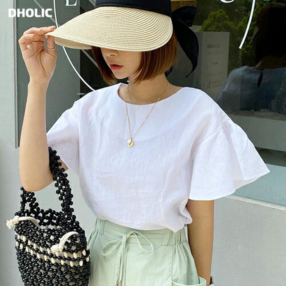 リネンラッフルスリーブブラウス・全4色・b67460 レディース 【bl】トップス ブラウス 半袖 袖コン ワイド袖 リネン ラッフル フリル 単色 無地 シンプル ナチュラル 大人 ラウンドネック 二の腕カバー 春 夏 韓国ファッション