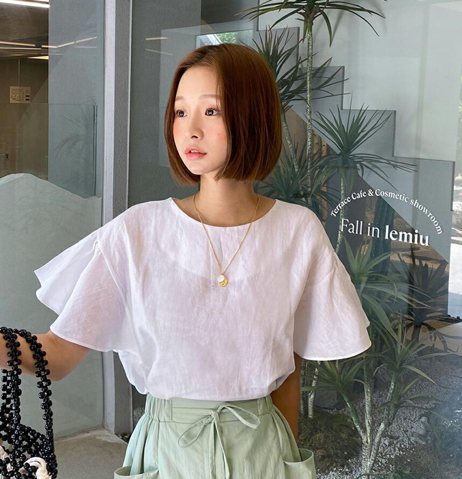 リネンラッフルスリーブブラウス・全4色・b67460 レディース 【bl】トップス ブラウス 半袖 袖コン ワイド袖 リネン ラッフル フリル 単色 無地 シンプル ナチュラル 大人 ラウンドネック 二の腕カバー 春 夏 韓国ファッション