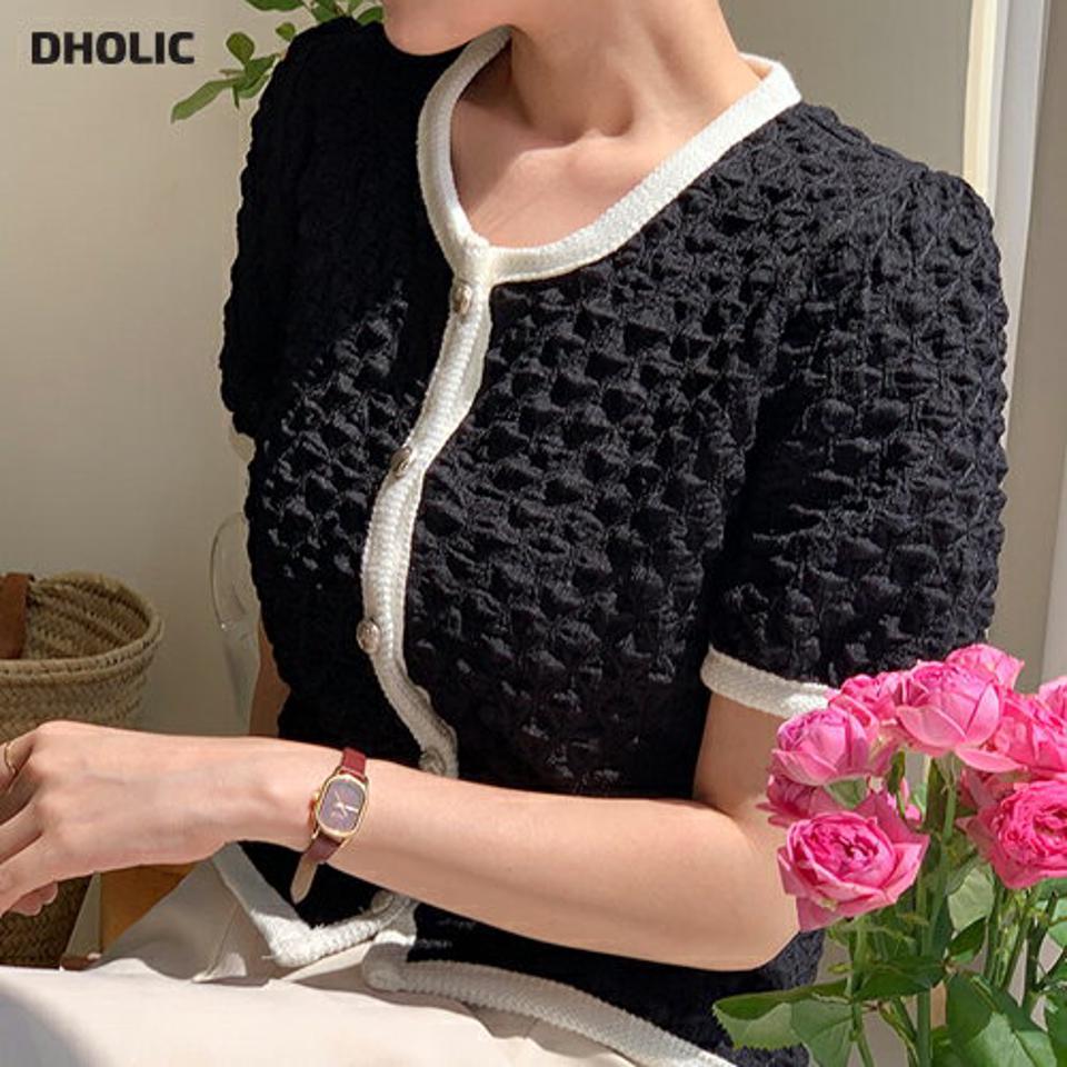 配色ラインエンボスブラウス・全4色・t67424 レディース 【bl】トップス ブラウス 半袖 エンボス ユニーク 大人 シック 配色 きれいめ クロップド丈 パフ袖 パフスリーブ ラウンドネック 春 夏 韓国ファッション