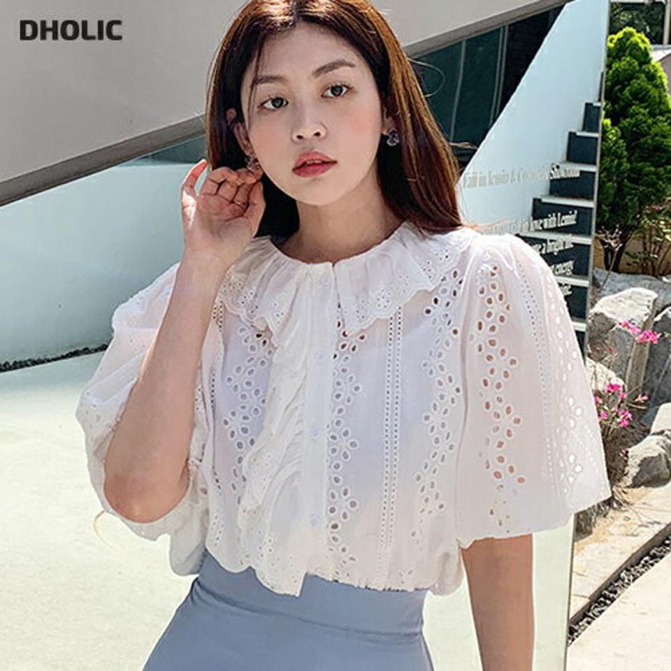 フリルアイレットレースブラウス・全2色・b67428 レディース 【bl】トップス ブラウス 半袖 ハーフスリーブ レース 総レース アイレット フリル パフ袖 フェミニン ガーリー かわいい 可愛い 襟コン 二の腕カバー 春 夏 韓国ファッション