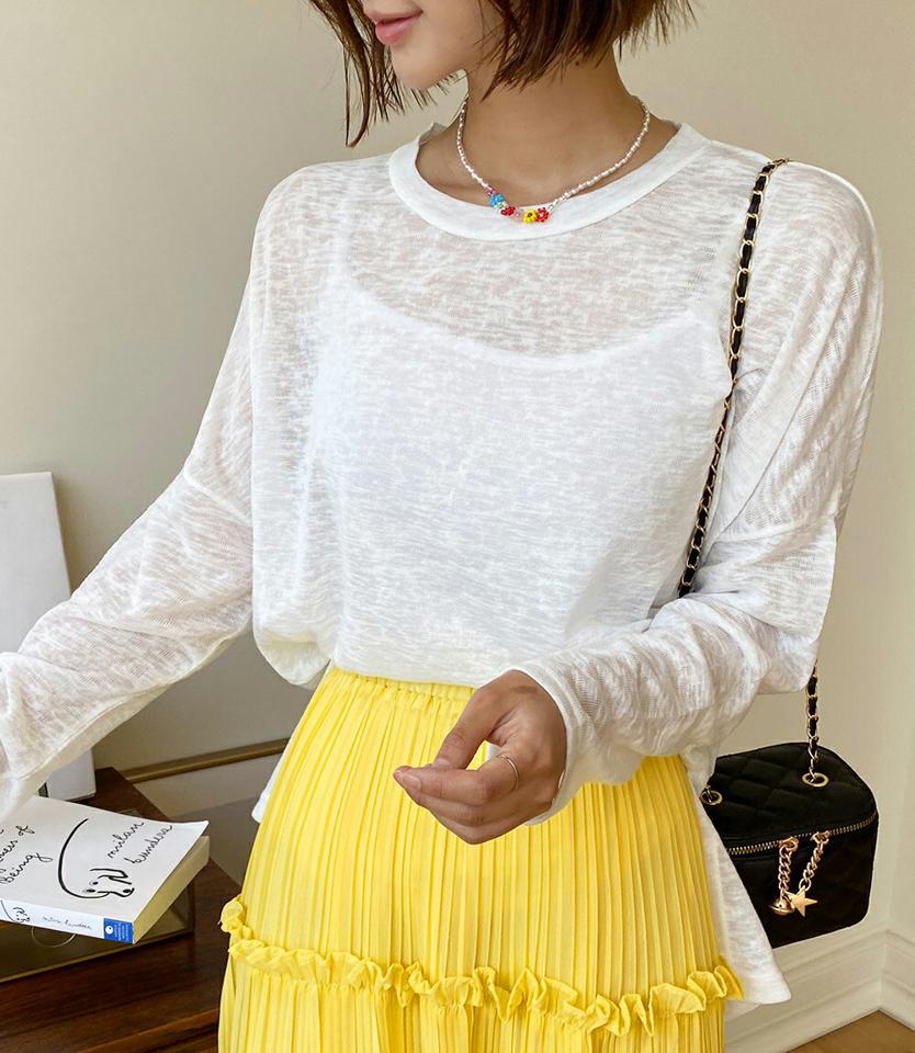 シースルースリットTシャツ・全3色・b67461 レディース 【tops】トップス Tシャツ ロンT 長袖 無地T 単色 無地 透け感 シースルー シアー スリット シンプル カジュアル ラフ ゆったり ルーズ 春 夏 秋 韓国ファッション