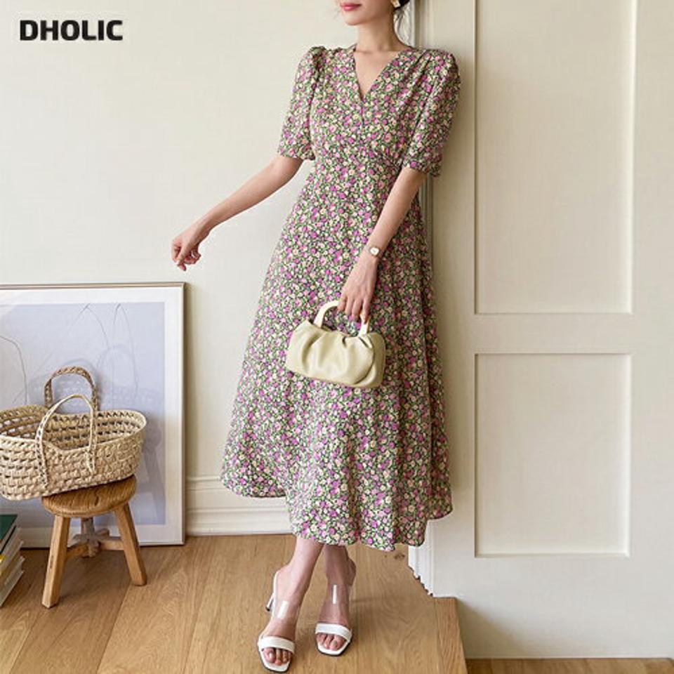 フローラルカシュクールリボンワンピース・全2色・b67432 レディース 【ops】ワンピース ロング丈 ロングワンピース 花袖 ハーフスリーブ 花柄 カシュクール 小花柄 レトロ Vネック パフ袖 パフスリーブ フェミニン かわいい 春 夏 韓国ファッション