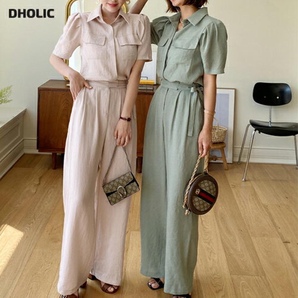 リネン混カラーパフブラウス&リボンスラックスSET・全3色・t67438 レディース 【pt】セットアップ setup トップス ブラウス 半袖 襟コン パンツ ズボン リネン 単色 無地 シンプル 大人 肩パッド パフ袖 春 夏 韓国ファッション