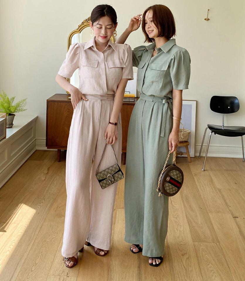 リネン混カラーパフブラウス&リボンスラックスSET・全3色・t67438 レディース 【pt】セットアップ setup トップス ブラウス 半袖 襟コン パンツ ズボン リネン 単色 無地 シンプル 大人 肩パッド パフ袖 春 夏 韓国ファッション