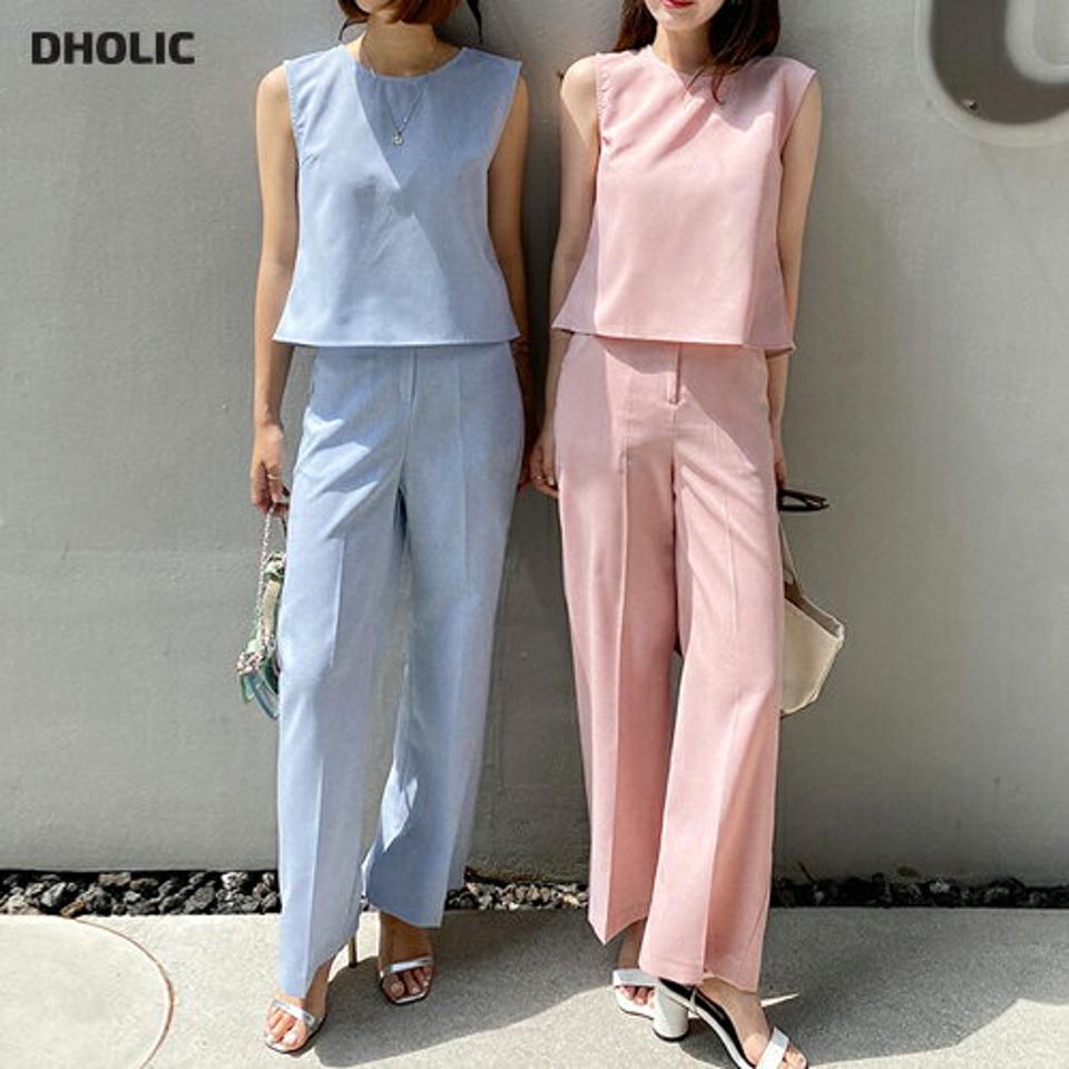 バックスリットノースリーブ&ストレートスラックスSET・全5色・t67437 レディース 【pt】セットアップ setup トップス スリーブレス ノースリーブ パンツ ズボン スラックス 単色 シンプル ピンク カラーパンツ 水色 春 夏 韓国ファッション