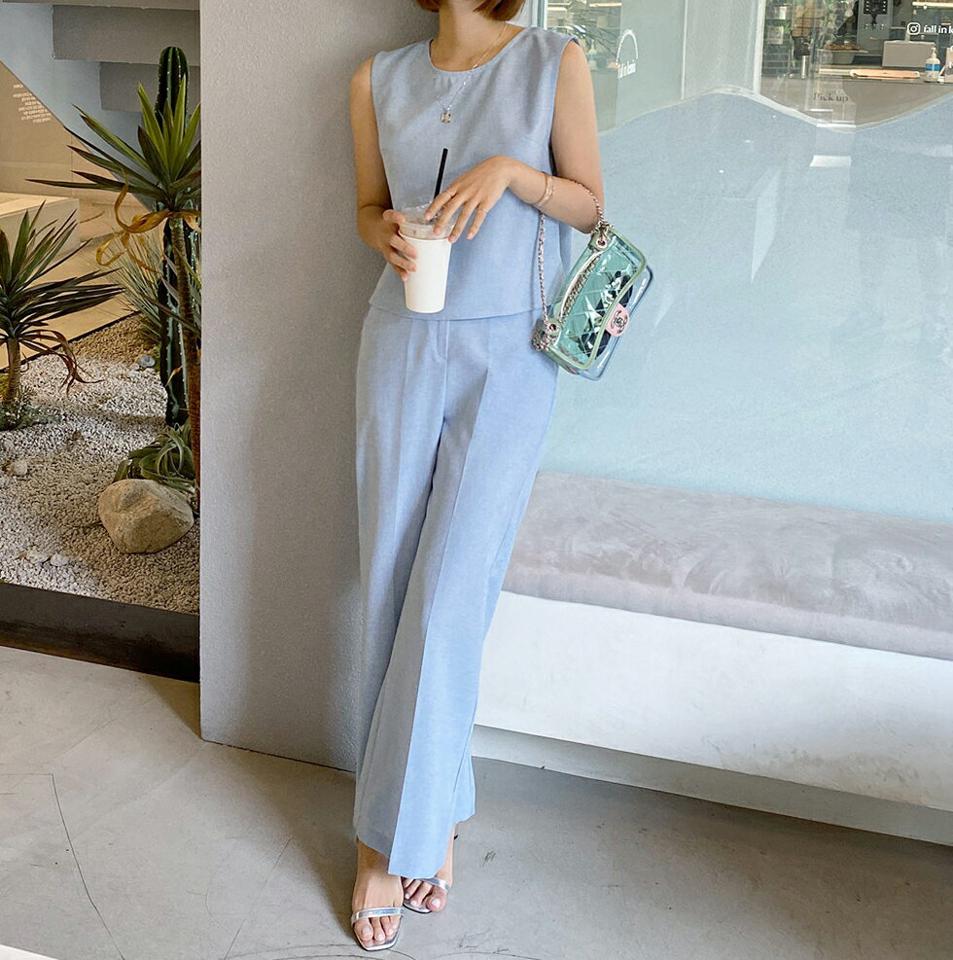 バックスリットノースリーブ&ストレートスラックスSET・全5色・t67437 レディース 【pt】セットアップ setup トップス スリーブレス ノースリーブ パンツ ズボン スラックス 単色 シンプル ピンク カラーパンツ 水色 春 夏 韓国ファッション