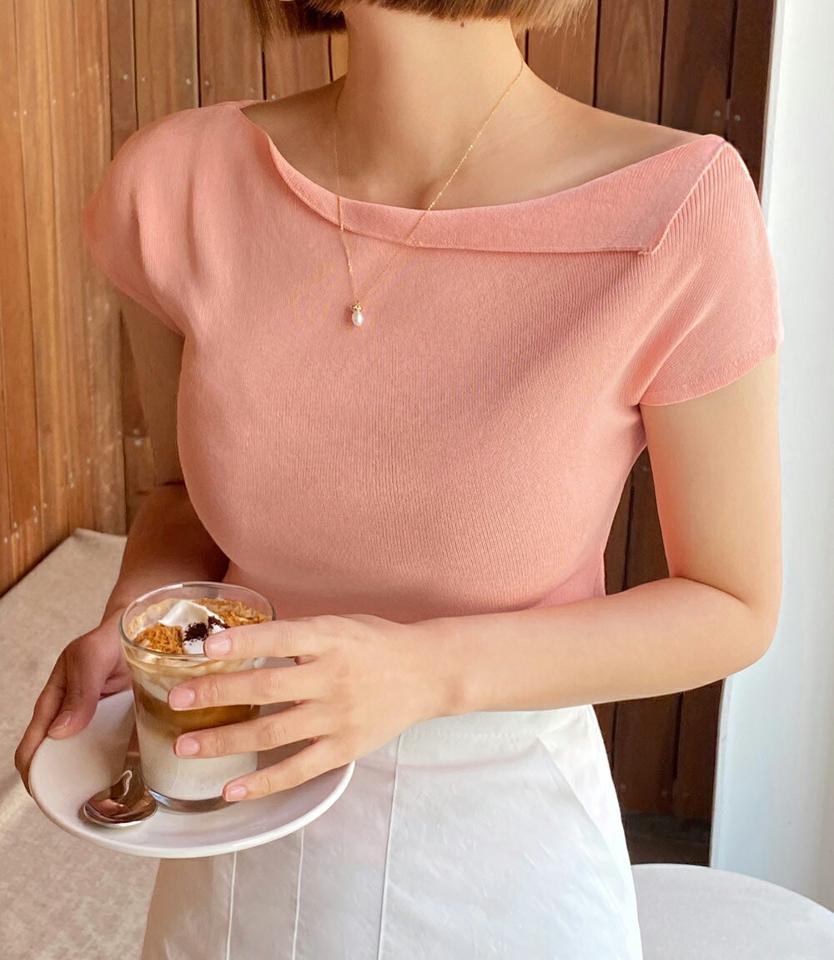 ≪人気商品再入荷≫2WAYスリットネックニット・全5色・b66681 レディース 【tops】トップス ニット 半袖 ワンショルダー 肩出し スリット 襟コン デコルテ 鎖骨 クロップド丈 フレンチスリーブ 単色 カジュアル 春 夏 サマーニット 韓国ファッション