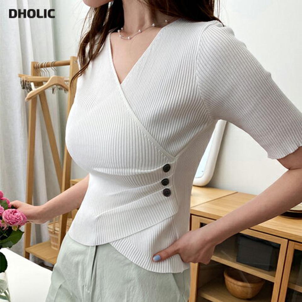 ボタンラップ風タックニット・全3色・t00874 レディース 【tops】トップス ニット 半袖 ハーフスリーブ リブ シンプル 単色 無地 カジュアル 大人 スリム タイト クロップド丈 春 夏 韓国ファッション