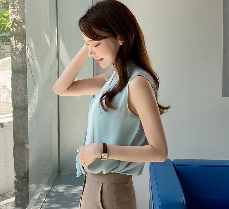 配色リボンVネックノースリーブ・全5色・e72108 レディース 【tops】トップス ノースリーブ スリーブレス 配色 シンプル 模様 りぼん タイ Vネック パステル 爽やか 春 夏 大人っぽ フェミニン きれいめ 韓国ファッション ハイホリHIHOLLI