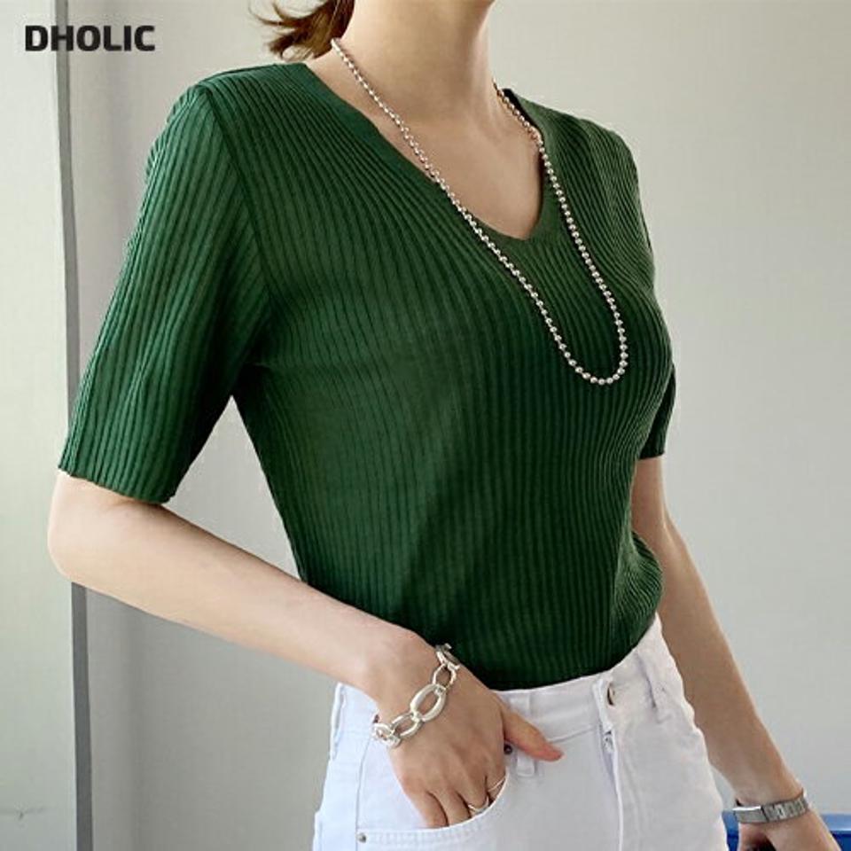 Vネックリブニット・全6色・b72110 レディース 【tops】トップス 半袖 単色 シンプル ベーシック ニット Vネック 鎖骨 デコルテ スリム リブ 春 夏 大人っぽ きれいめ オフィスカジュアル フェミニン 緑 カーキ 韓国ファッション ハイホリHIHOLLI