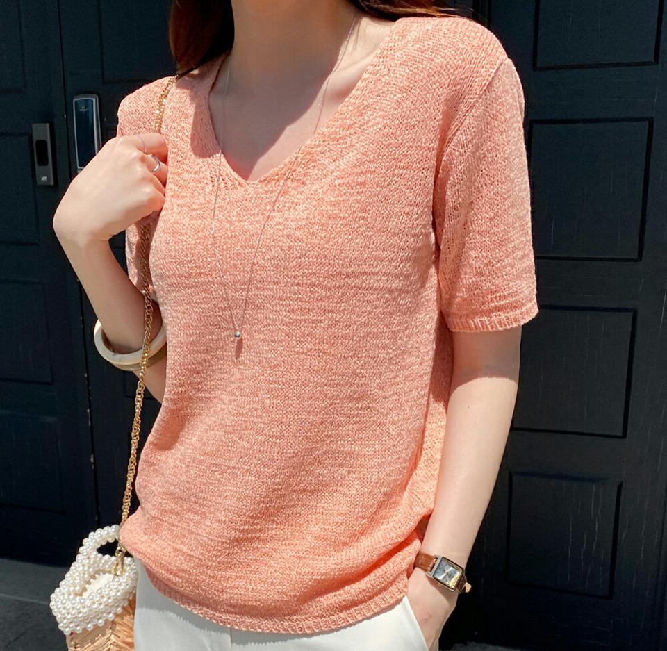 Vネックニット・全6色・t72111 レディース 【tops】ニット トップス 半袖 単色 無地 シンプル ベーシック Vネック 鎖骨 デコルテ カラバリ カラーアイテム 春 夏 カジュアル 大人っぽ パステル フェミニン 韓国ファッション ハイホリHIHOLLI