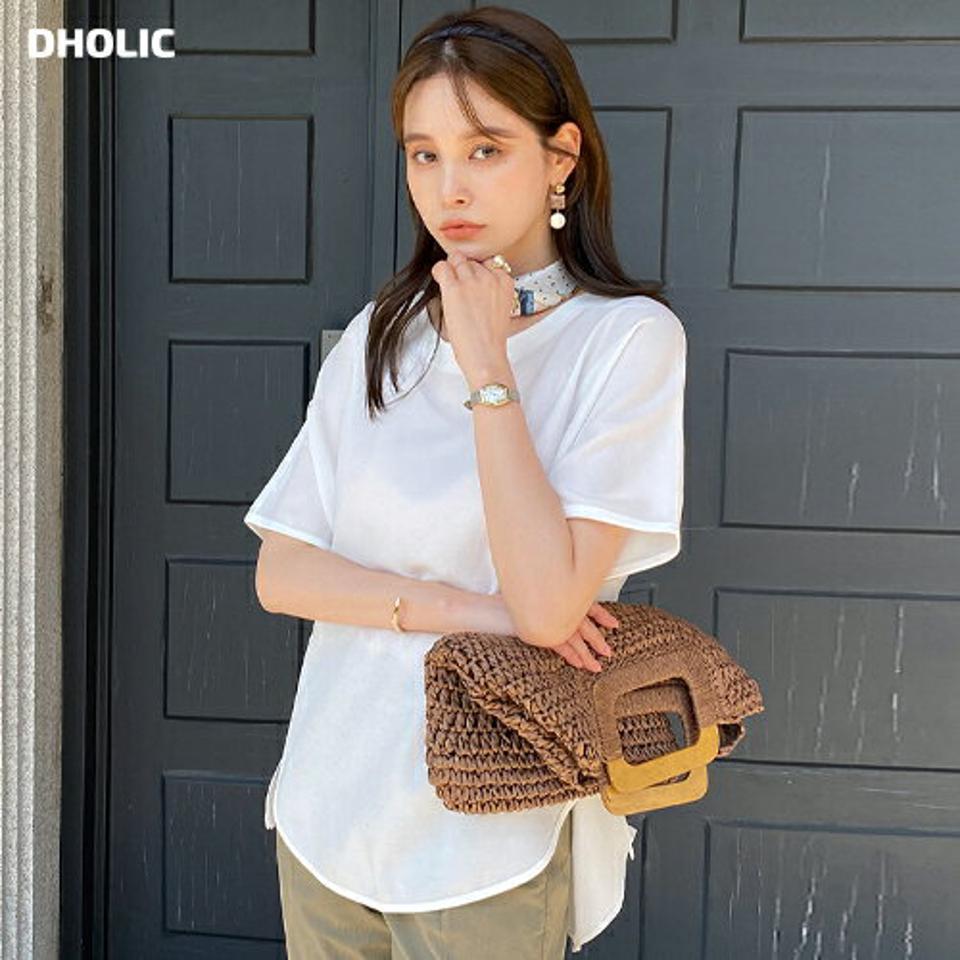 バックスリットアンバランスブラウス・全6色・b72113 レディース 【bl】ブラウス トップス 半袖 単色 無地 シンプル ベーシック スリット オフィスカジュアル パステル 春 夏 フェミニン 大人っぽ きれいめ 上品 韓国ファッション ハイホリHIHOLLI