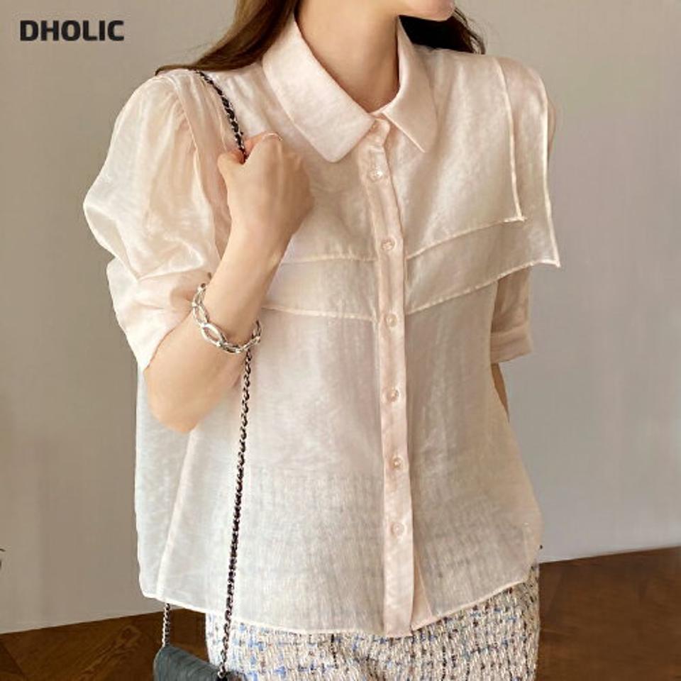 シースルーケープカラーブラウス・全2色・72115 レディース 【bl】ブラウス トップス 半袖 単色 無地 シンプル パステル 襟 ボタン シースルー シアー 透け感 ケープ 光沢 オフィス パフ 春 夏 フェミニン 韓国ファッション ハイホリHIHOLLI