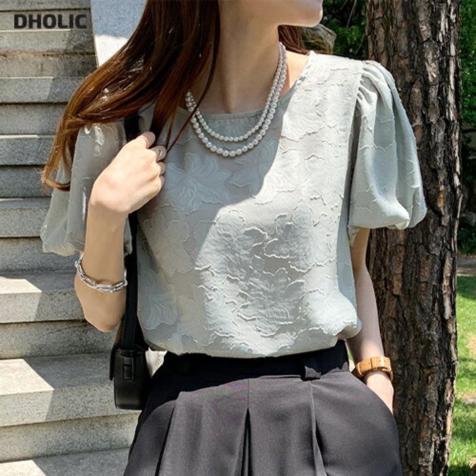 ジャガードバルーンブラウス・全3色・72118 レディース 【bl】ブラウス トップス 半袖 単色 柄 模様 バルーン袖 パステル 春 夏 フェミニン ガーリー クリーム ミント かわいい 可愛い 韓国ファッション ハイホリHIHOLLI