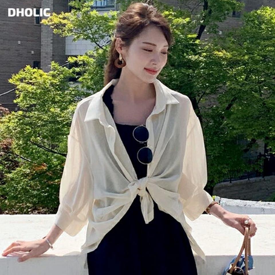 シアーアンバランスシャツ・全3色・t72145 レディース 【bl】シャツ トップス 七分丈 7分丈 7分袖 七分袖 薄手 単色 無地 シンプル シースルー シアー 透け感 襟 アンバランス 春 夏 カジュアル 大人っぽ 韓国ファッション ハイホリHIHOLLI