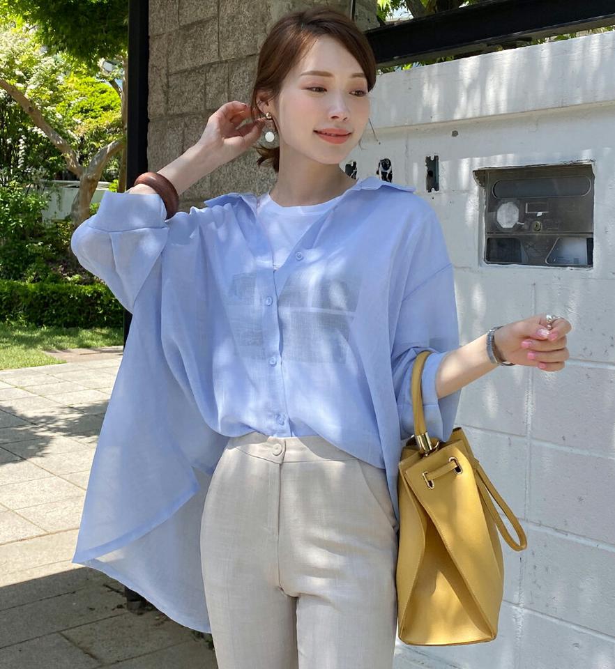 シアーアンバランスシャツ・全3色・t72145 レディース 【bl】シャツ トップス 七分丈 7分丈 7分袖 七分袖 薄手 単色 無地 シンプル シースルー シアー 透け感 襟 アンバランス 春 夏 カジュアル 大人っぽ 韓国ファッション ハイホリHIHOLLI