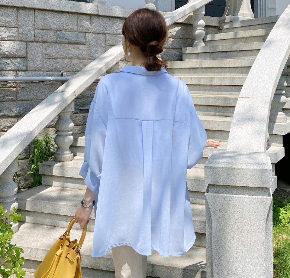 シアーアンバランスシャツ・全3色・t72145 レディース 【bl】シャツ トップス 七分丈 7分丈 7分袖 七分袖 薄手 単色 無地 シンプル シースルー シアー 透け感 襟 アンバランス 春 夏 カジュアル 大人っぽ 韓国ファッション ハイホリHIHOLLI