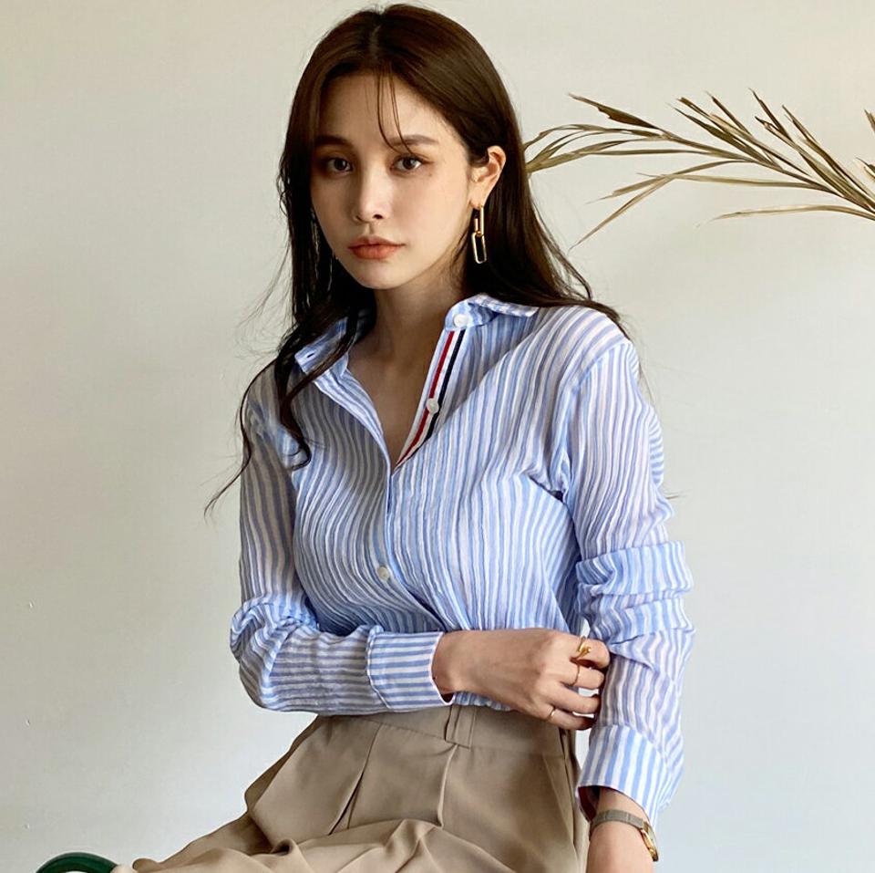 2TYPE配色シースルーシャツ・全3色・b72144 レディース 【bl】シャツ トップス 長袖 襟 ボタン 配色 柄 模様 ストライプ 無地 シースルー 爽やか 大人っぽ きれいめ カジュアル 薄手 ラフ 羽織り 羽織 韓国ファッション ハイホリHIHOLLI