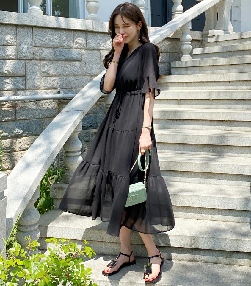 シフォンティアードワンピース・全2色・b72126 レディース 【ops】ワンピース 七分丈 7分丈 ロング丈 シフォン 単色 無地 シンプル フレア Aライン 鎖骨 デコルテ Vネック 体型カバー 春 夏 フェミニン 緑 韓国ファッション ハイホリHIHOLLI