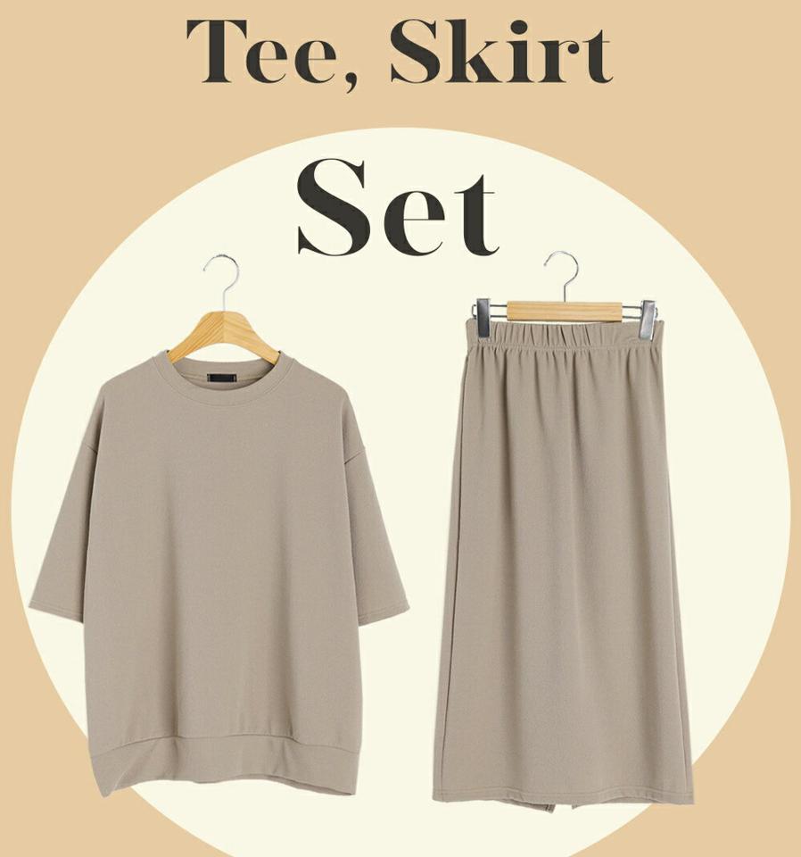 エンボスTシャツ&ウエストゴムスカートSET・全4色・b72129 レディース 【sk】スカート セット セットアップ 単色 無地 シンプル Tシャツ 半袖 ロング丈 ミディ丈 体型カバー 春 夏 カジュアル ワンマイルウェア 韓国ファッション ハイホリHIHOLLI