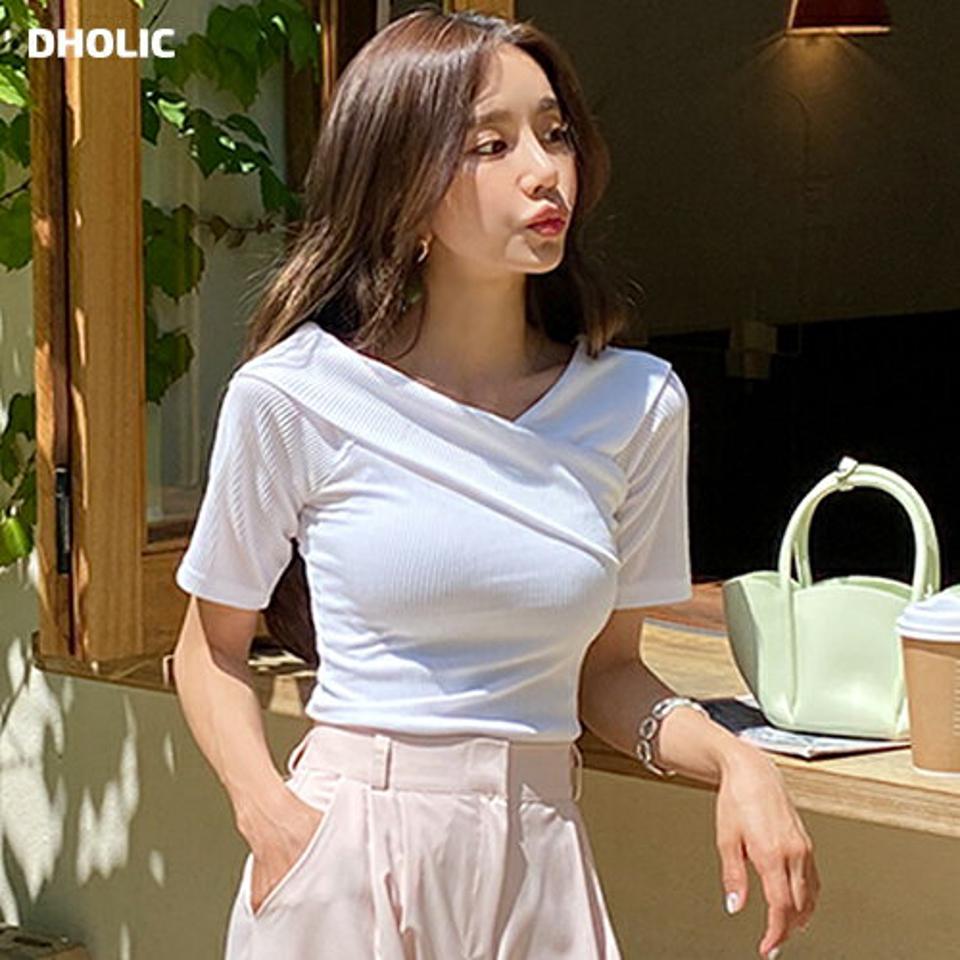 リブアシメショルダーTシャツ・全3色・t00940 レディース 【tops】トップス Tシャツ 半袖 アシンメトリー デコルテ 鎖骨 大人 きれいめ 単色 春 夏 韓国ファッション