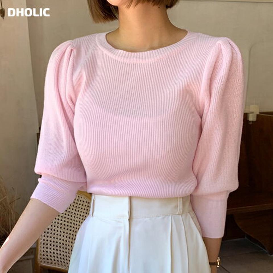 ≪人気商品再入荷≫パフラウンドニット・全4色・b00948 レディース 【tops】トップス ニット 七分丈 七分袖 7分袖 7分丈 単色 無地 シンプル ベーシック パフ袖 パフスリーブ 袖コン かわいい 大人 リブ パステル ピンク 春 夏 サマーニット 韓国ファッション