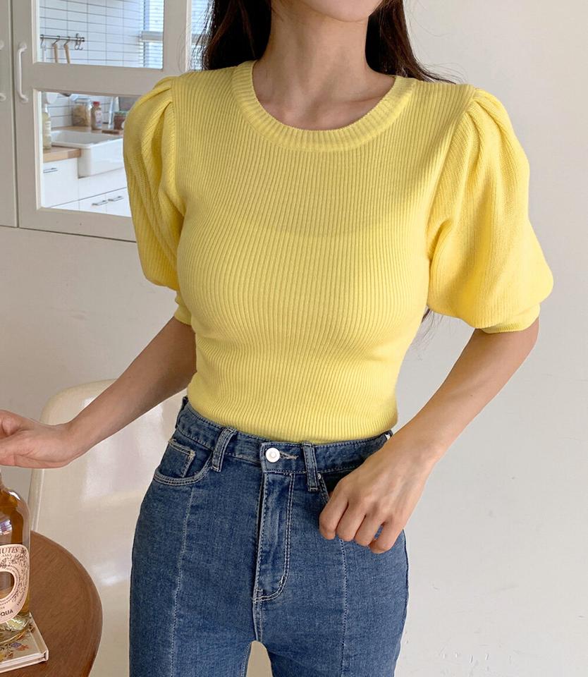 ≪人気商品再入荷≫パフラウンドニット・全4色・b00948 レディース 【tops】トップス ニット 七分丈 七分袖 7分袖 7分丈 単色 無地 シンプル ベーシック パフ袖 パフスリーブ 袖コン かわいい 大人 リブ パステル ピンク 春 夏 サマーニット 韓国ファッション