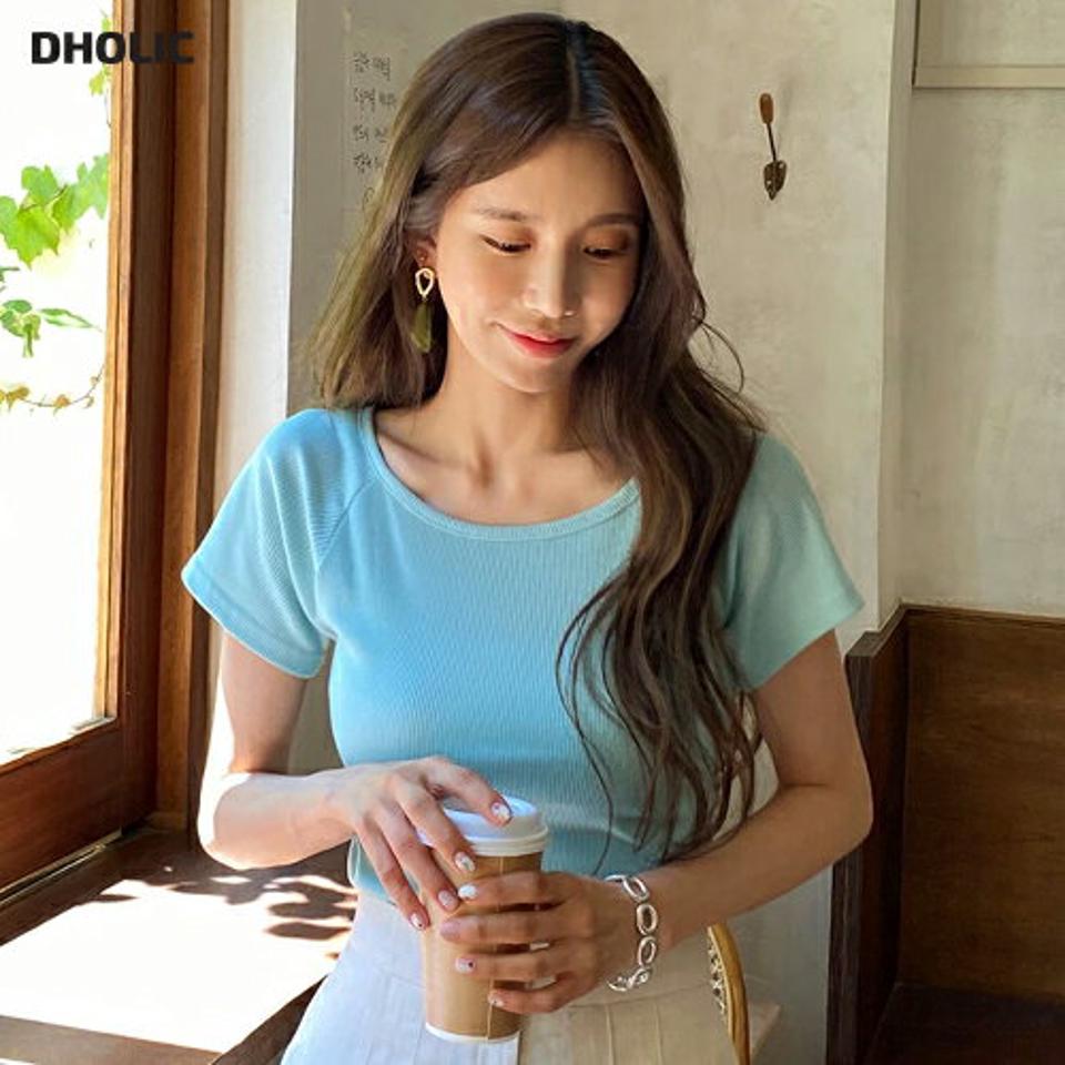 リブラウンドラグランTシャツ・全4色・b00937 レディース 【tops】トップス Tシャツ 半袖 ショートスリーブ ラグランスリーブ リブ 単色 無地 シンプル カジュアル ラフ 水色 春 夏 韓国ファッション