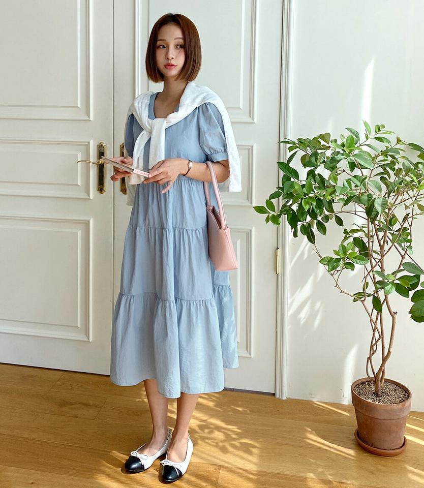 Vネックティアードボタンワンピース・全3色・t00951 レディース 【ops】ワンピース ロング丈 ロングワンピース 半袖 ハーフスリーブ ティアード Vネック 単色 無地 シンプル パステル 水色 ガーリー 体型カバー パフスリーブ 春 夏 韓国ファッション