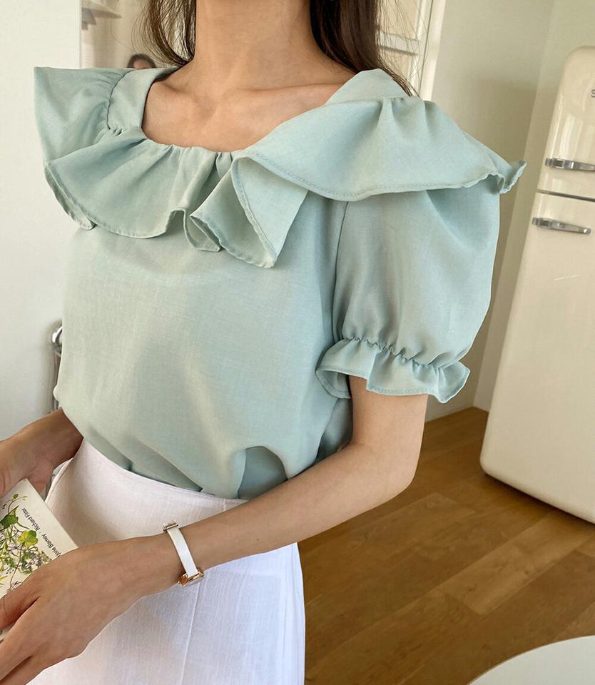 フリルスクエアネックブラウス・全4色・00945 レディース 【bl】トップス ブラウス 半袖 ハーフスリーブ フリル デコルテ 鎖骨 二の腕カバー かわいい 可愛い フェミニン 大人 ガーリー パフ袖 パフスリーブ ピンク 春 夏 韓国ファッション