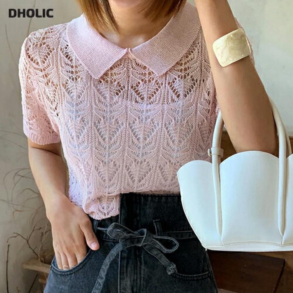パンチングカラーニット・全5色・t00947 レディース 【tops】トップス ニット 半袖 ハーフスリーブ パンチングニット 透け感 シアー 襟コン ポロ襟 単色 カジュアル ピンク 春 夏 韓国ファッション
