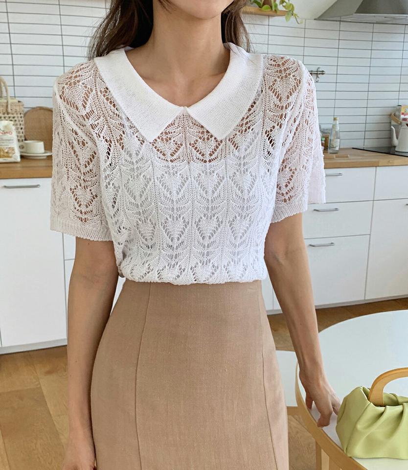 パンチングカラーニット・全5色・t00947 レディース 【tops】トップス ニット 半袖 ハーフスリーブ パンチングニット 透け感 シアー 襟コン ポロ襟 単色 カジュアル ピンク 春 夏 韓国ファッション