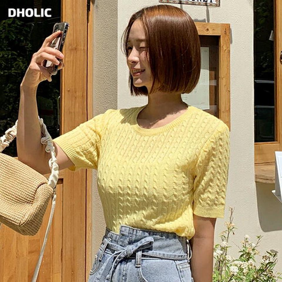 クロップドケーブルニット・全4色・t00949 レディース 【tops】トップス ニット 半袖 ハーフスリーブ クロップド丈 短丈 ケーブル編み 単色 ラウンドネック カジュアル ラフ 黄色 春 夏 韓国ファッション