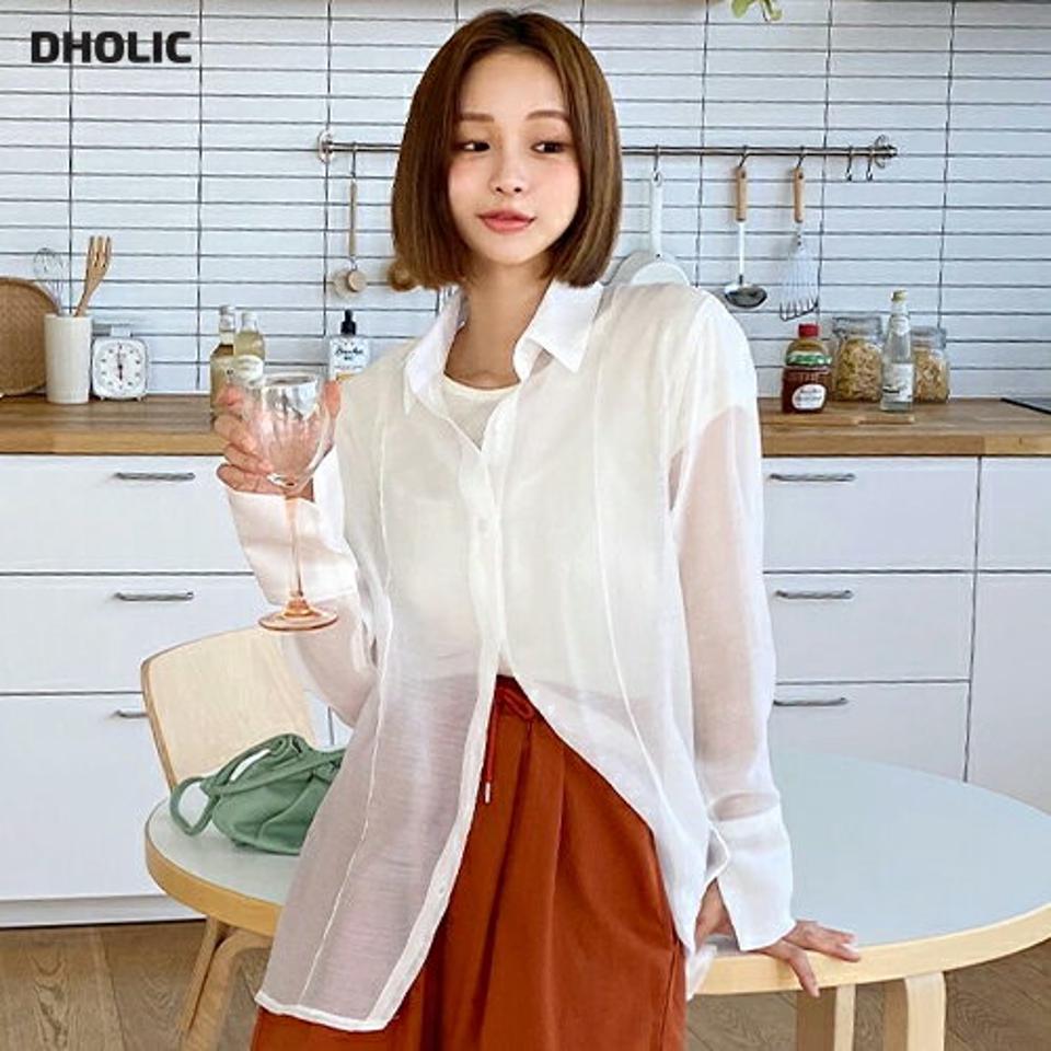 シアーオーバーフィットシャツ・全4色・t00950 レディース 【bl】トップス シャツ 長袖 透け感 シアー シースルー オーバーサイズ ルーズ ゆったり ラフ 単色 無地 シンプル ベーシック カジュアル 春 夏 秋 韓国ファッション