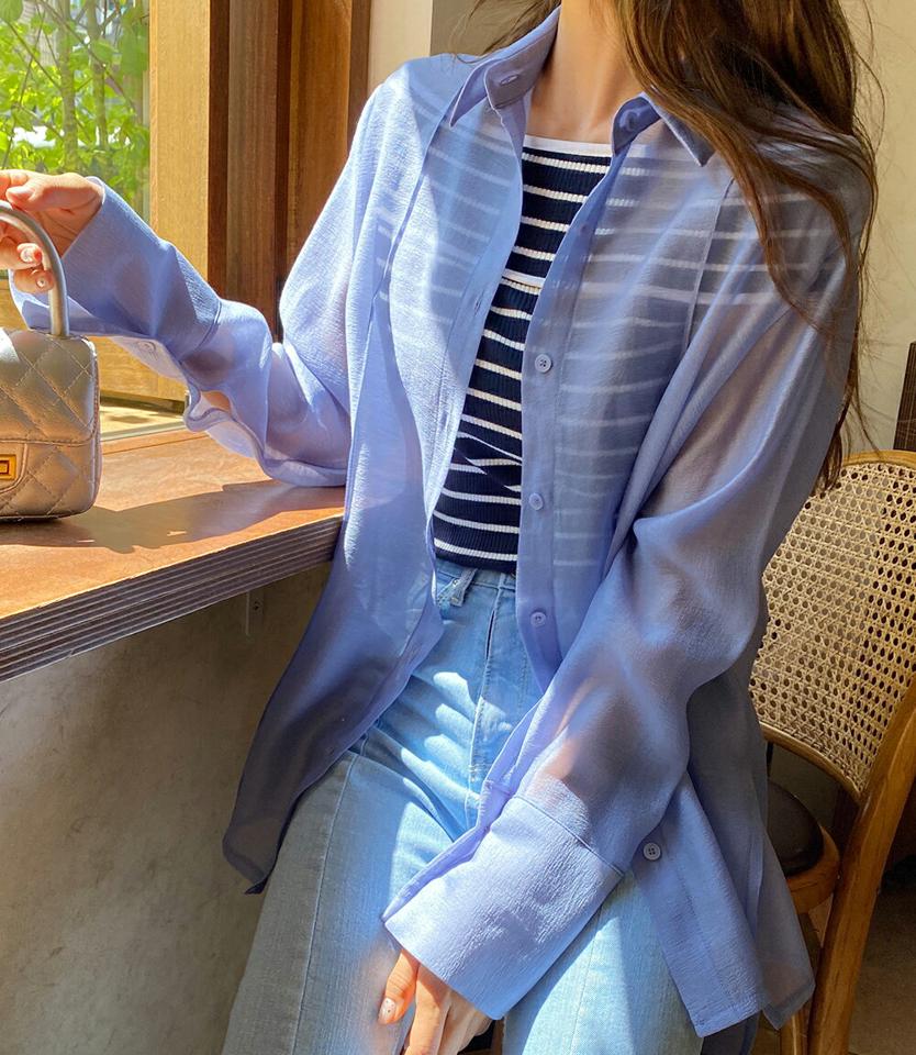 シアーオーバーフィットシャツ・全4色・t00950 レディース 【bl】トップス シャツ 長袖 透け感 シアー シースルー オーバーサイズ ルーズ ゆったり ラフ 単色 無地 シンプル ベーシック カジュアル 春 夏 秋 韓国ファッション