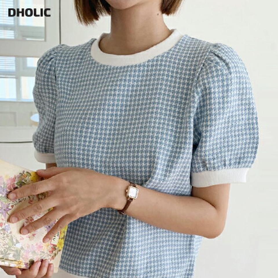 ハウンドトゥースパフラウンドTシャツ・全3色・t00946 レディース 【tops】トップス Tシャツ 半袖 チェック柄 ハウンドトゥース 千鳥格子 千鳥柄 パフ袖 パフスリーブ ガーリー 大人 ラウンドネック 水色 春 夏 韓国ファッション