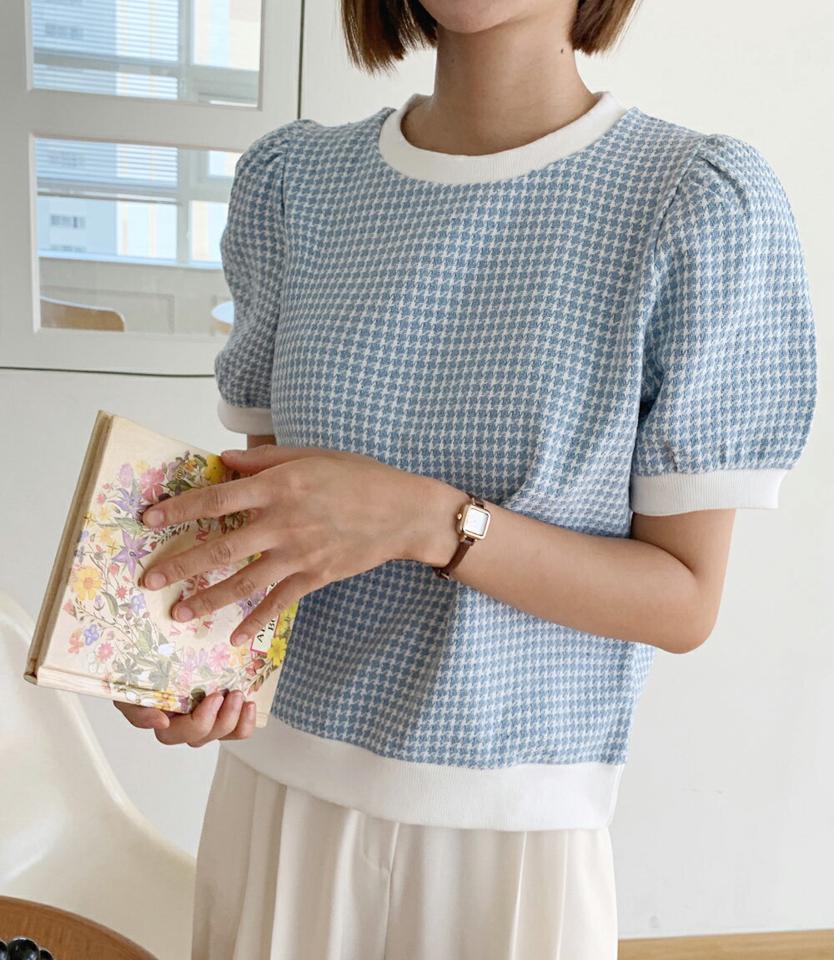 ハウンドトゥースパフラウンドTシャツ・全3色・t00946 レディース 【tops】トップス Tシャツ 半袖 チェック柄 ハウンドトゥース 千鳥格子 千鳥柄 パフ袖 パフスリーブ ガーリー 大人 ラウンドネック 水色 春 夏 韓国ファッション