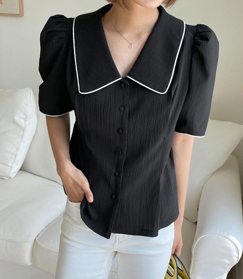 パイピングボタンパフブラウス・全2色・b00665 レディース 【bl】トップス ブラウス 半袖 パイピング ボタン ビッグカラー 襟コン 大きい襟 大人 かわいい フェミニン リンクル くるみボタン パフ袖 パフスリーブ 春 夏 韓国ファッション