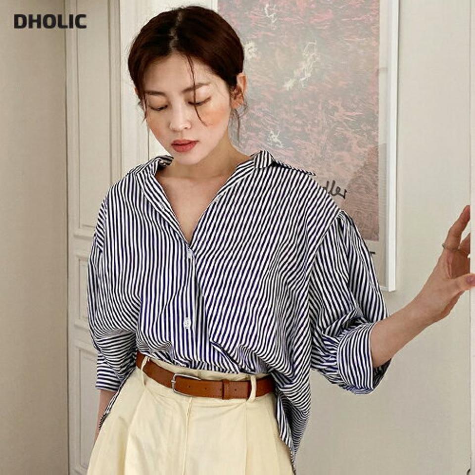 ストライプパフスリットシャツ・全3色・t00669 レディース 【bl】トップス シャツ 七分袖 7分袖 七分丈 7分丈 ストラップ柄 大人 オフィスカジュアル 爽やか パフ袖 パフスリーブ アンバランス サイドスリット 春 秋 韓国ファッション