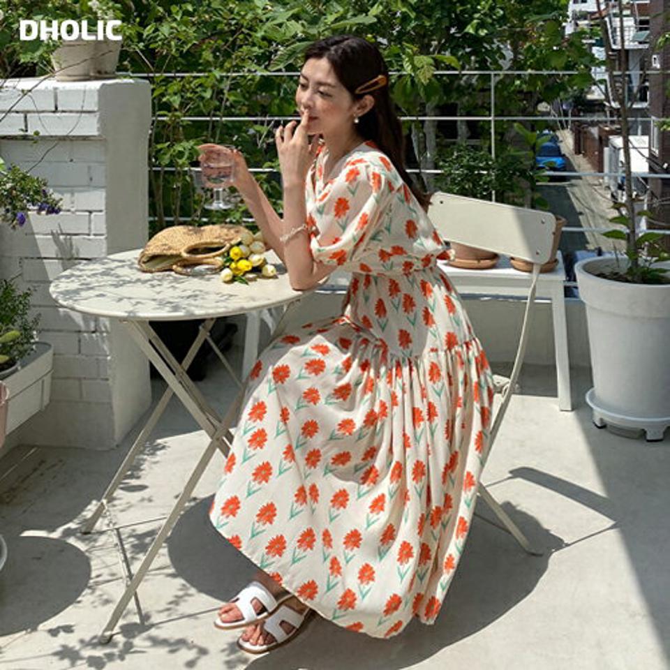 フローラルカシュクールワンピース・全3色・b00659 レディース 【ops】ワンピース ロング丈 ロングワンピース 半袖 カシュクール 花柄 レトロ 大人 かわいい 可愛い Vネック パフ袖 パフスリーブ ウエスト ガーリー フレア 春 夏 韓国ファッション