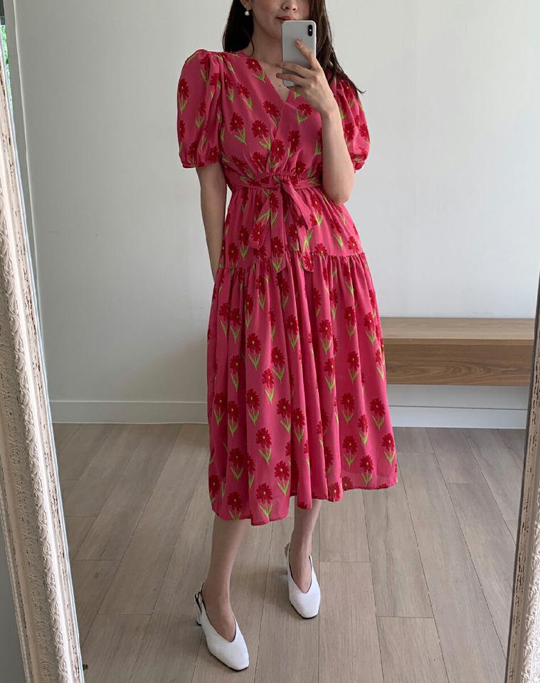 フローラルカシュクールワンピース・全3色・b00659 レディース 【ops】ワンピース ロング丈 ロングワンピース 半袖 カシュクール 花柄 レトロ 大人 かわいい 可愛い Vネック パフ袖 パフスリーブ ウエスト ガーリー フレア 春 夏 韓国ファッション