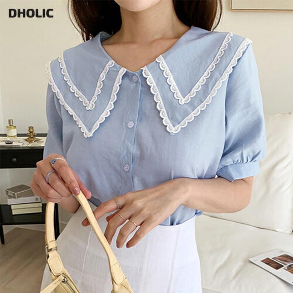 スカラップダブルカラーパフブラウス・全3色・t00666 レディース 【bl】トップス ブラウス 半袖 ハーフスリーブ パフ袖 パフスリーブ 襟コン ガーリー スカラップ レース 大人 ビッグカラー 大きい襟 パステル 水色 春 夏 韓国ファッション